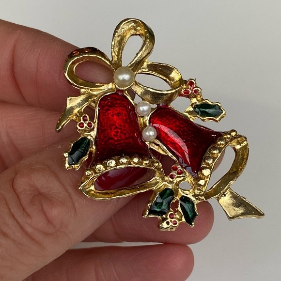 Jewelry - Vintage Red Enamel Christmas Bells Brooch Holiday Xmas Jewelry Pin